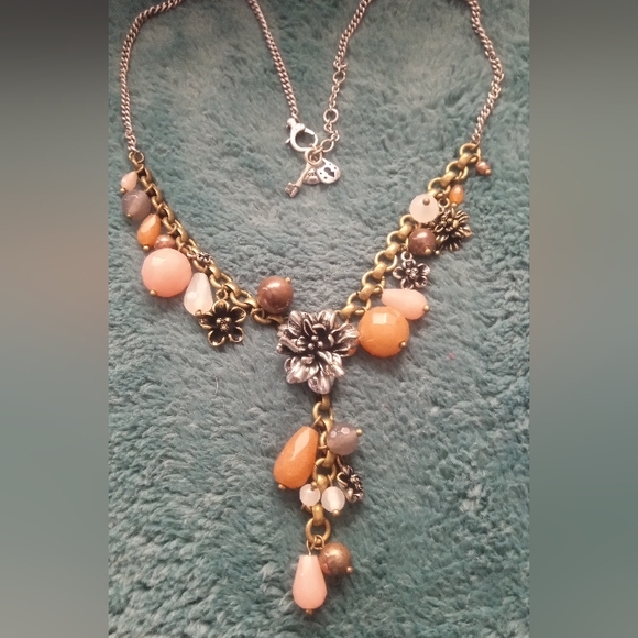 Fossil Necklace Gorgeous Drop With Mixed Metal Flowers And Neutral Beads - Picture 5 of 6